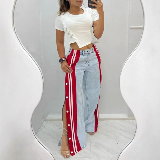 Striped Patchwork Button Wide-Leg Jeans