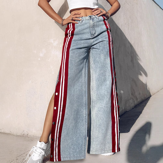 Striped Patchwork Button Wide-Leg Jeans