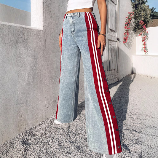 Striped Patchwork Button Wide-Leg Jeans