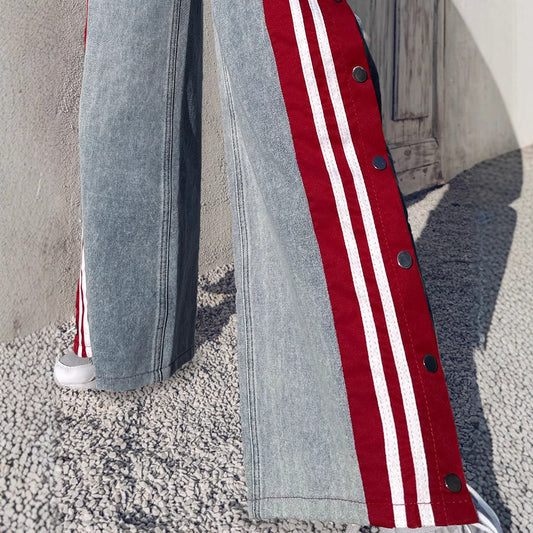 Striped Patchwork Button Wide-Leg Jeans