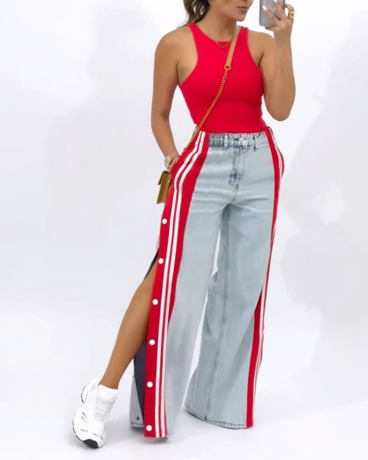 Striped Patchwork Button Wide-Leg Jeans