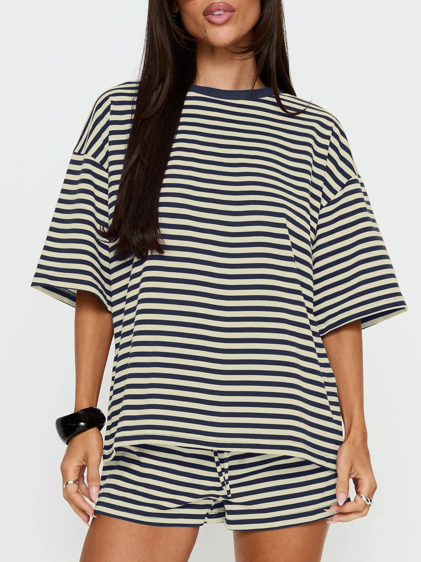 Striped Short Sleeve Top and Drawstring Shorts Set