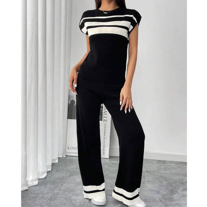 Striped short-sleeved T-shirt and loose wide-leg pants for women