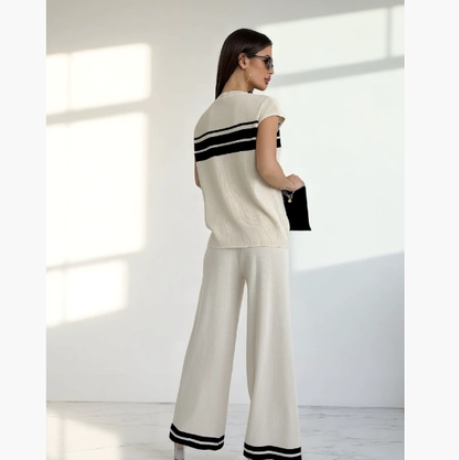 Striped short-sleeved T-shirt and loose wide-leg pants for women