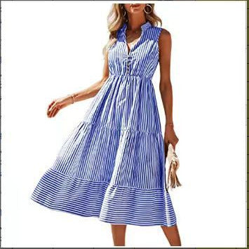 Striped Sleeveless High Waist Flared Dress