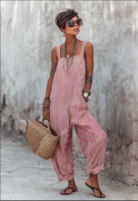 Striped Suspender Wide-Leg Jumpsuit for Women