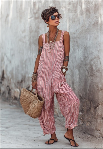Striped Suspender Wide-Leg Jumpsuit for Women