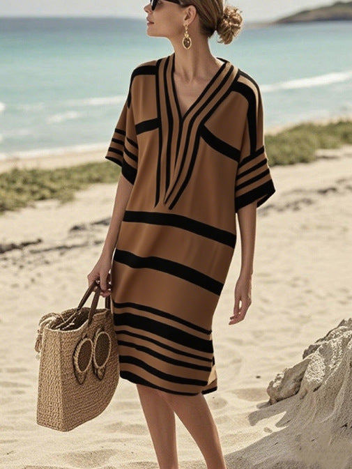 Striped V-Neck Loose Dress
