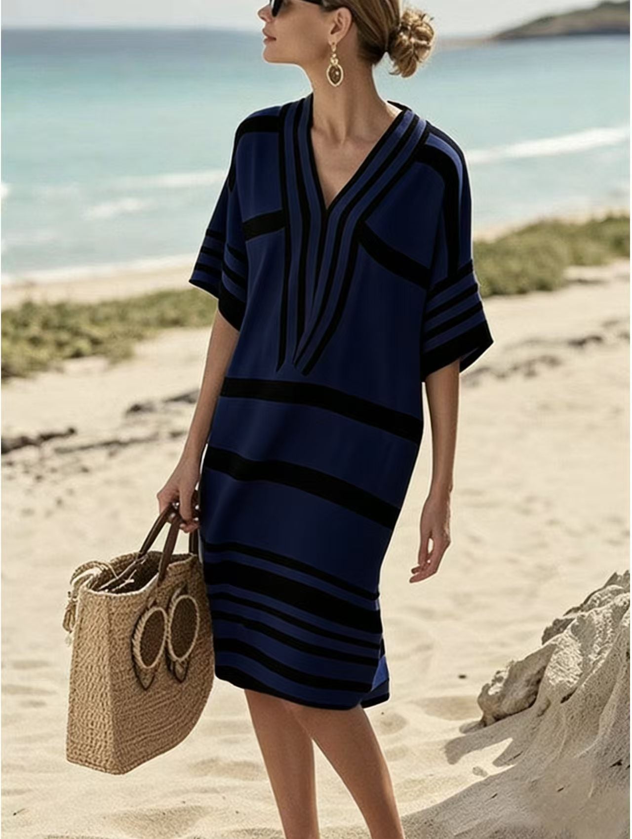 Striped V-Neck Loose Dress