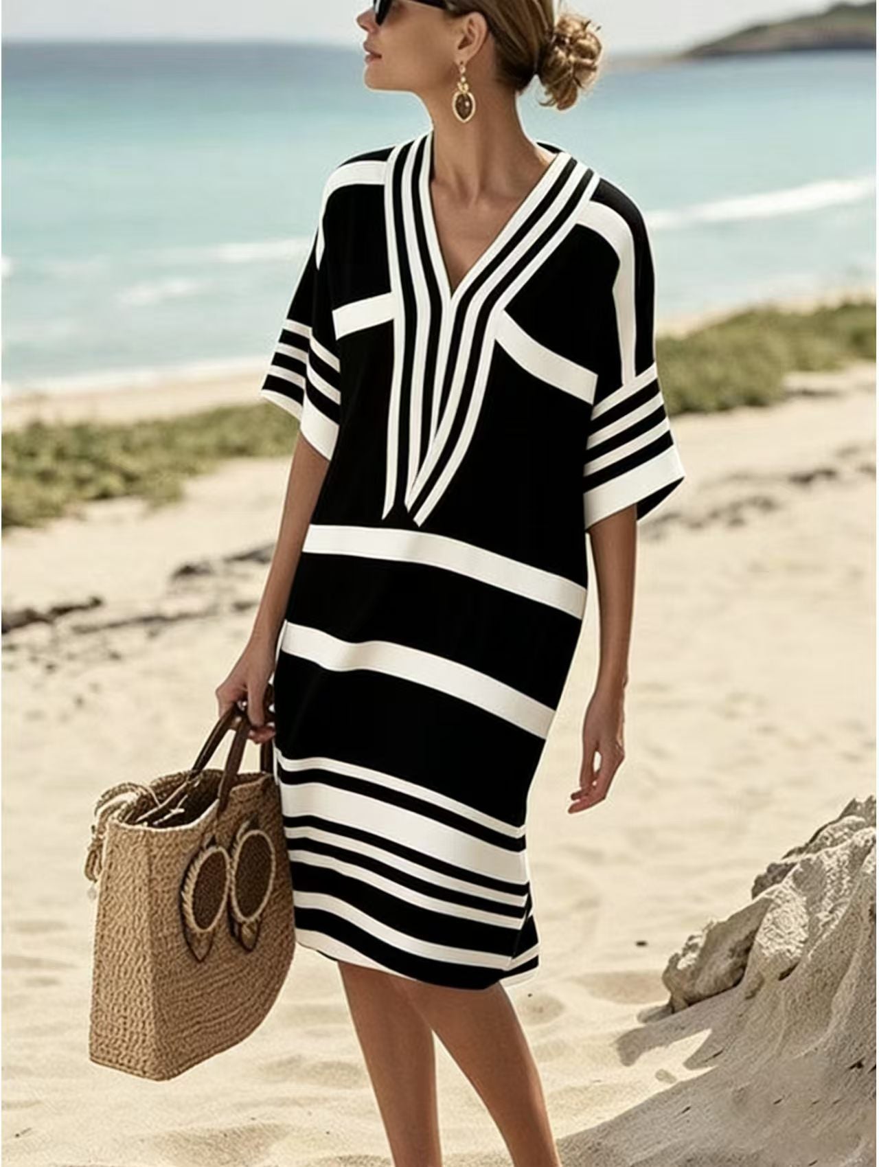 Striped V-Neck Loose Dress