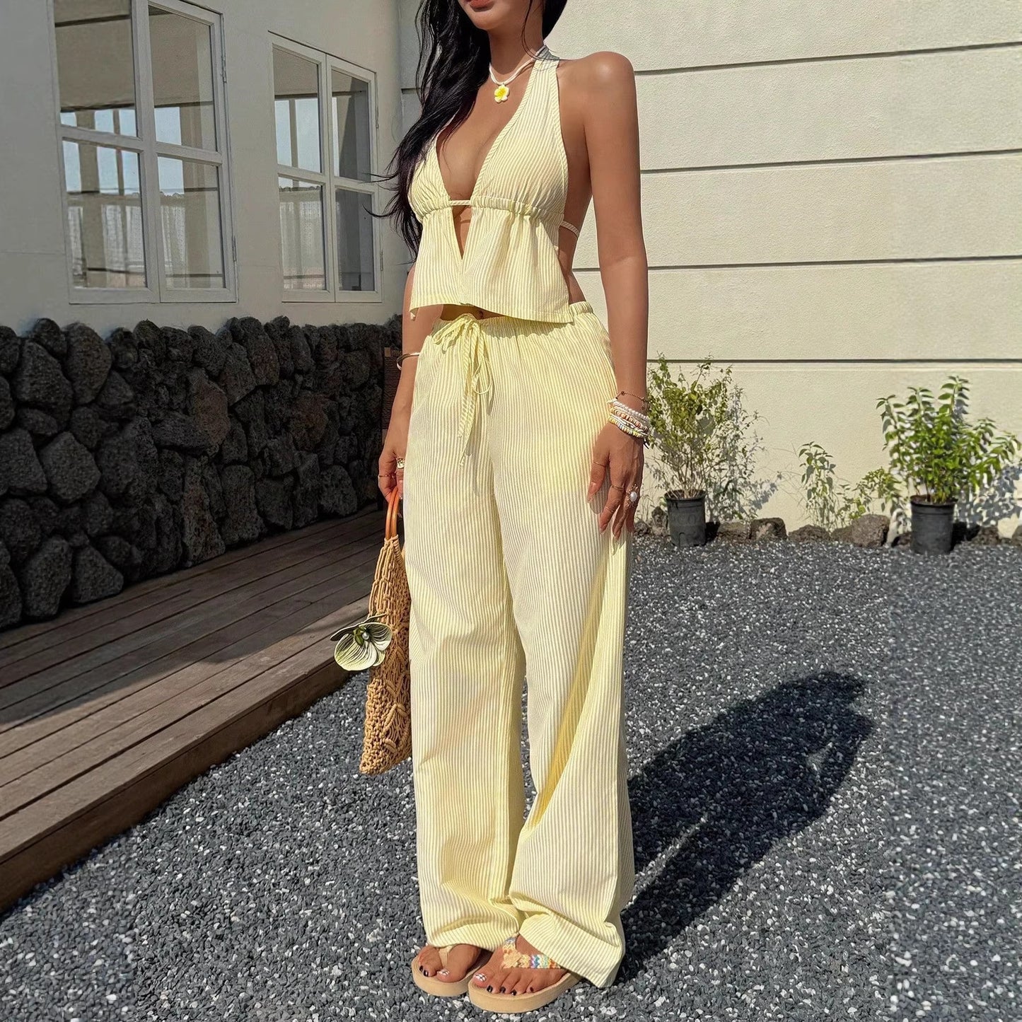 Striped V-Neck Tank Top and Straight-Leg Pants Set