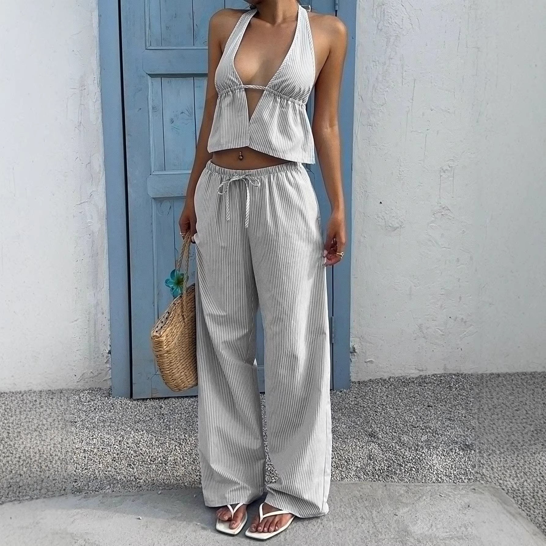 Striped V-Neck Tank Top and Straight-Leg Pants Set