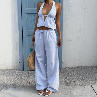 Striped V-Neck Tank Top and Straight-Leg Pants Set
