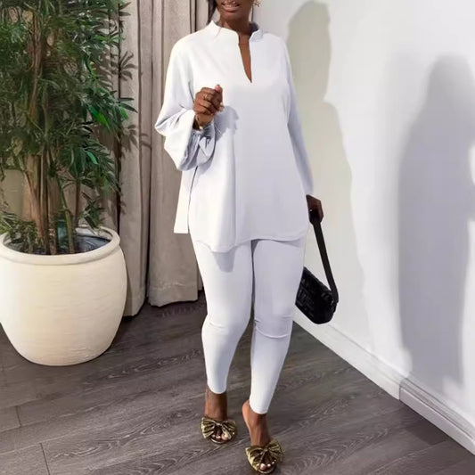 Stylish Knitted Suit Set with V-Neck Top and Tights
