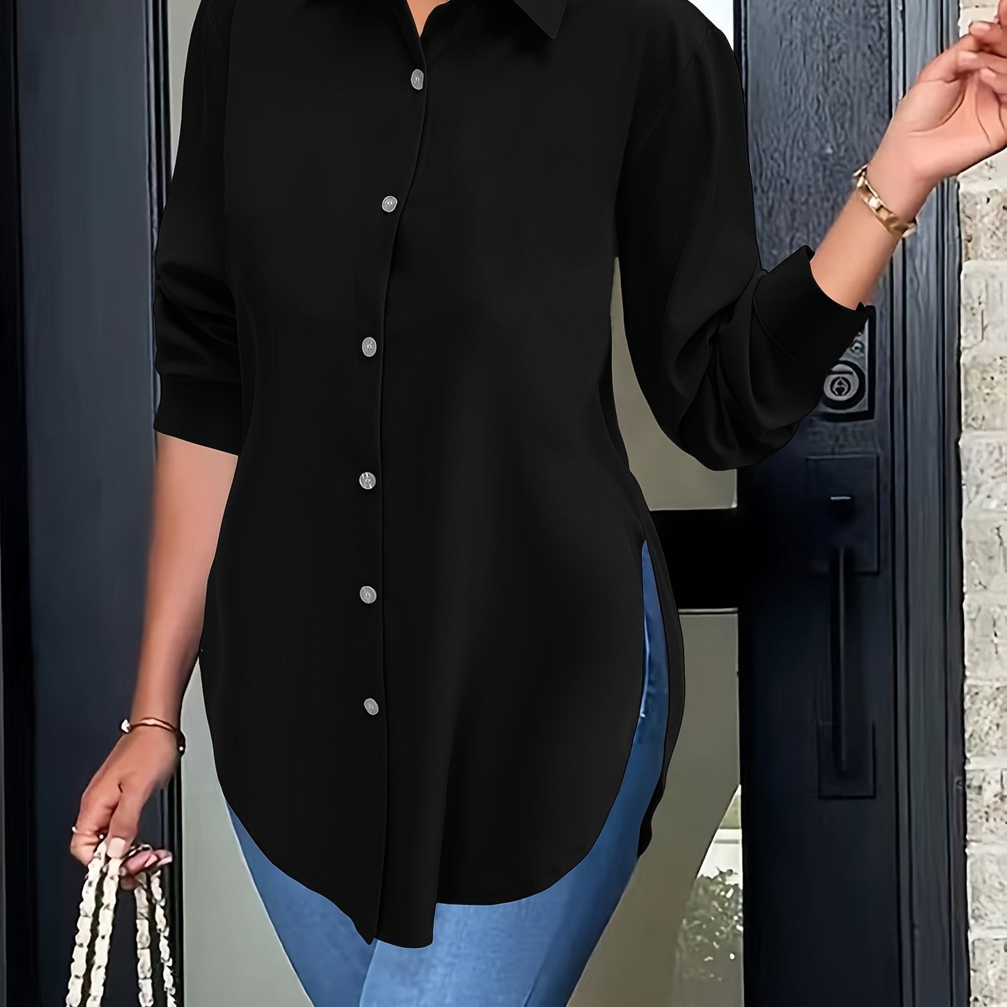 Stylish Split Hem Button Front Blouse