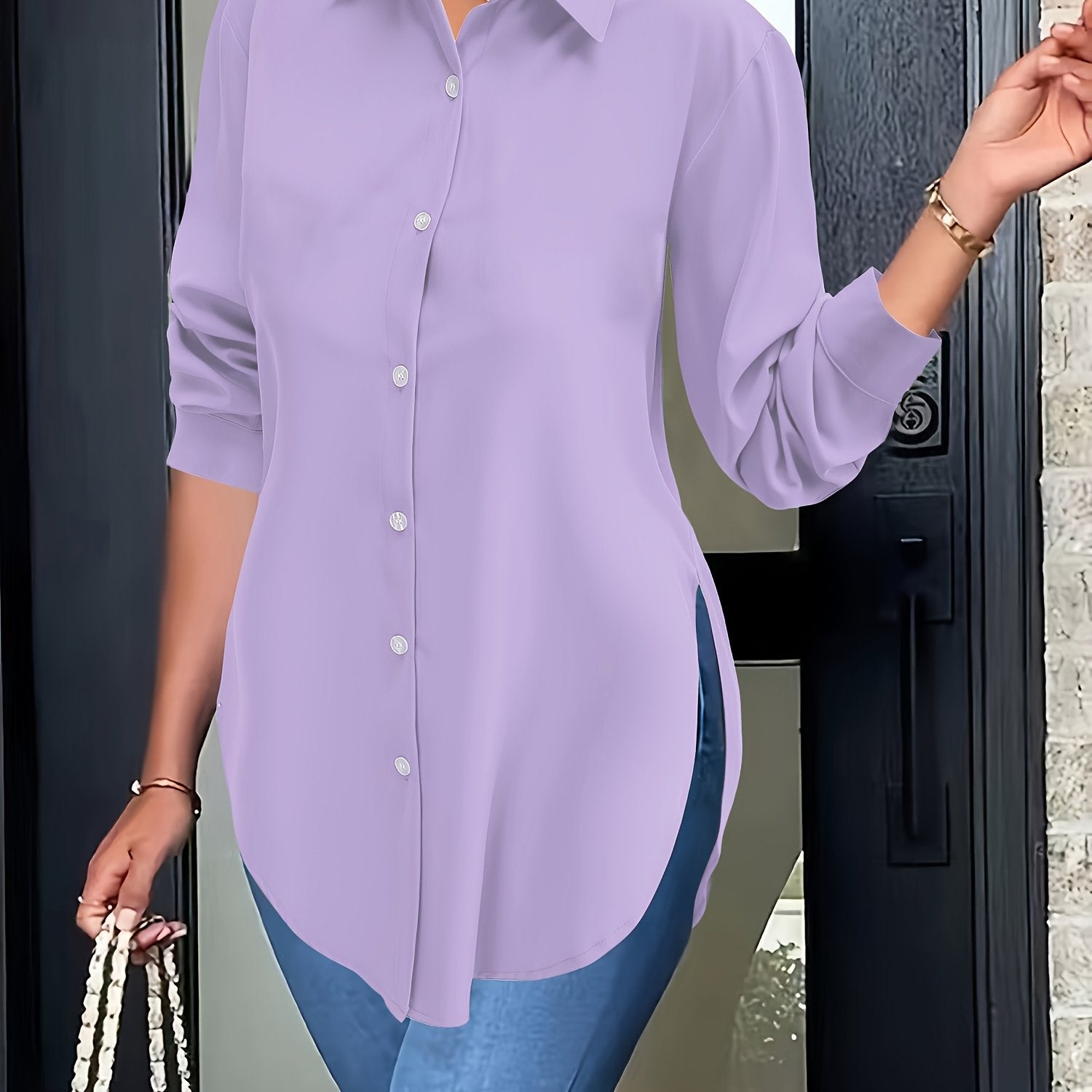 Stylish Split Hem Button Front Blouse