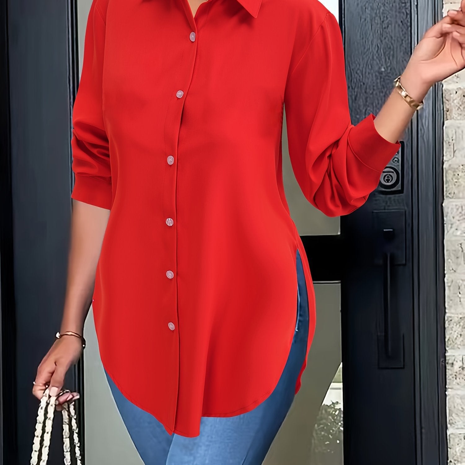 Stylish Split Hem Button Front Blouse