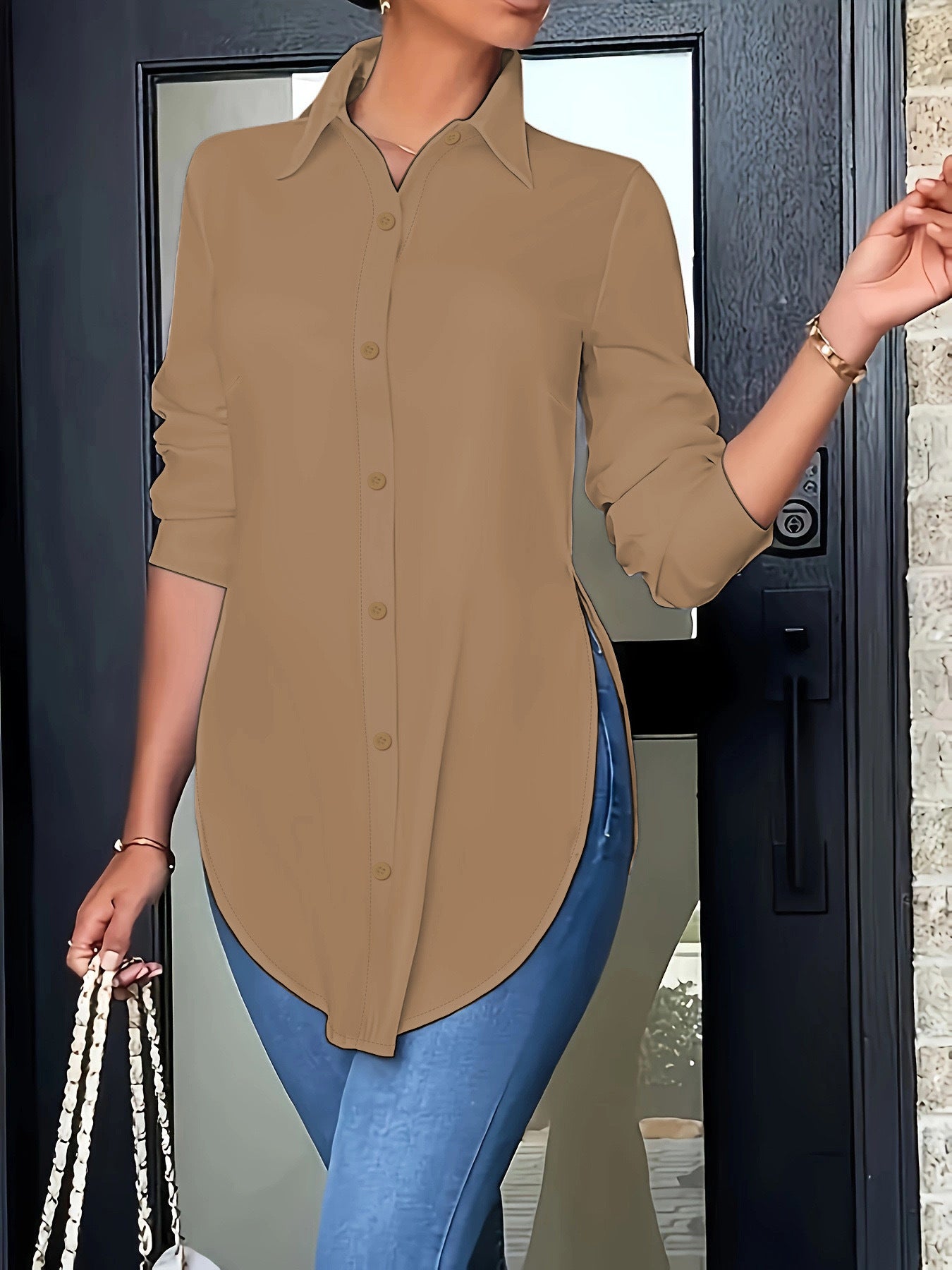 Stylish Split Hem Button Front Blouse