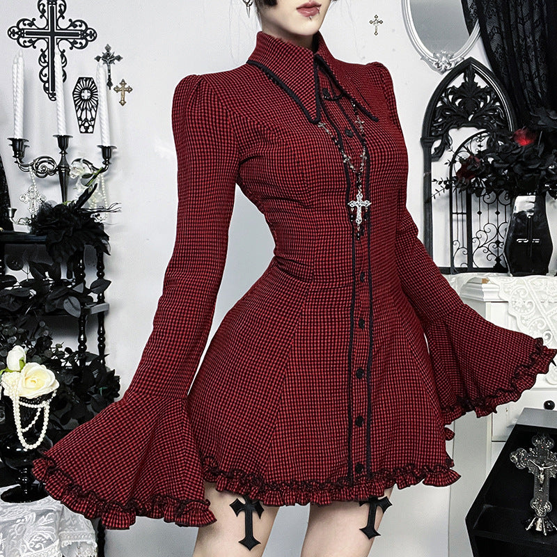 Subculture Plaid Shift Dress Dark Red Long Sleeve