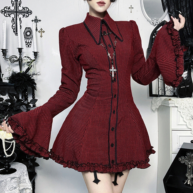 Subculture Plaid Shift Dress Dark Red Long Sleeve