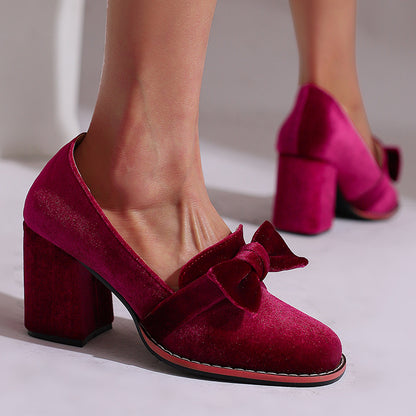 Suede bow high-heeled loafers