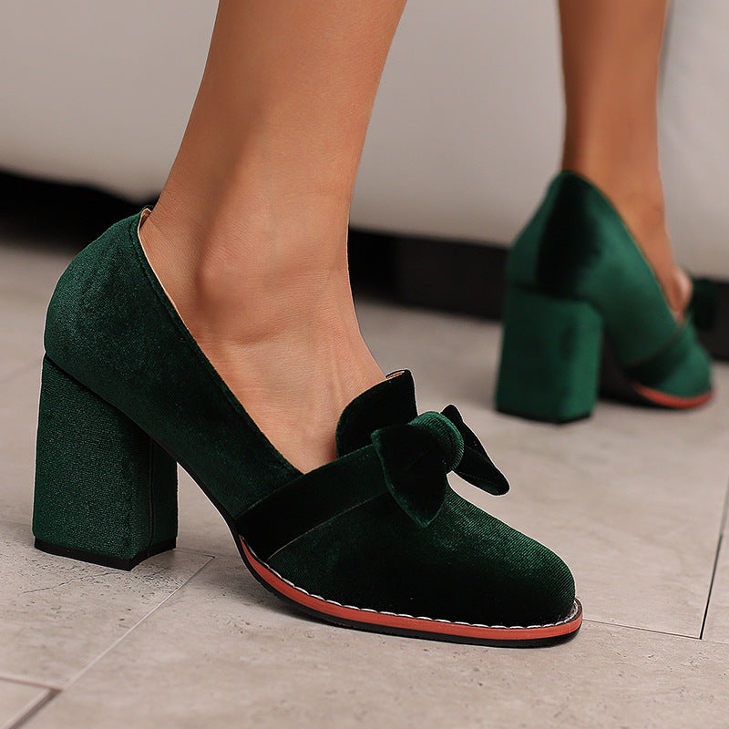 Suede bow high-heeled loafers
