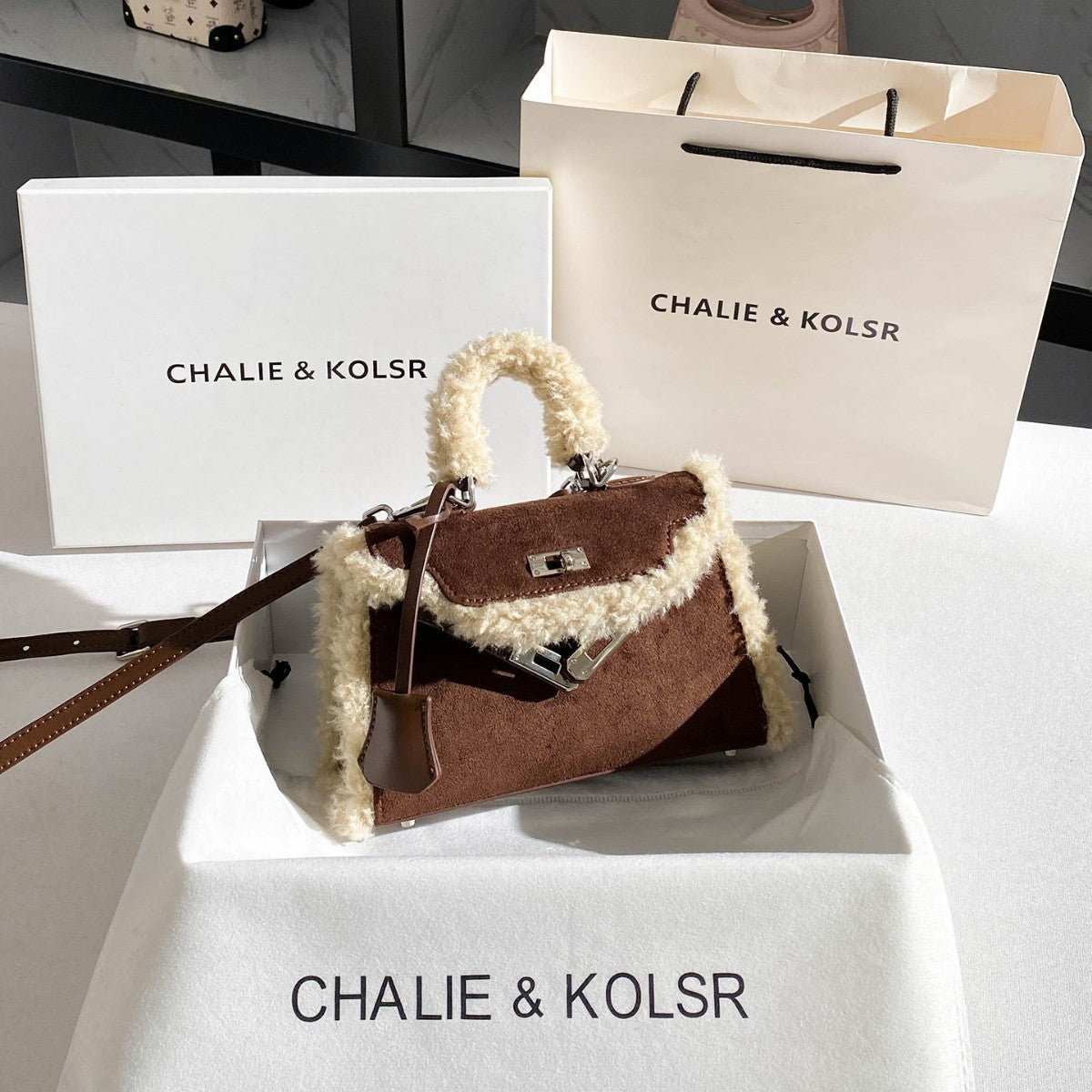 Suede Lambswool Kelly Handbag