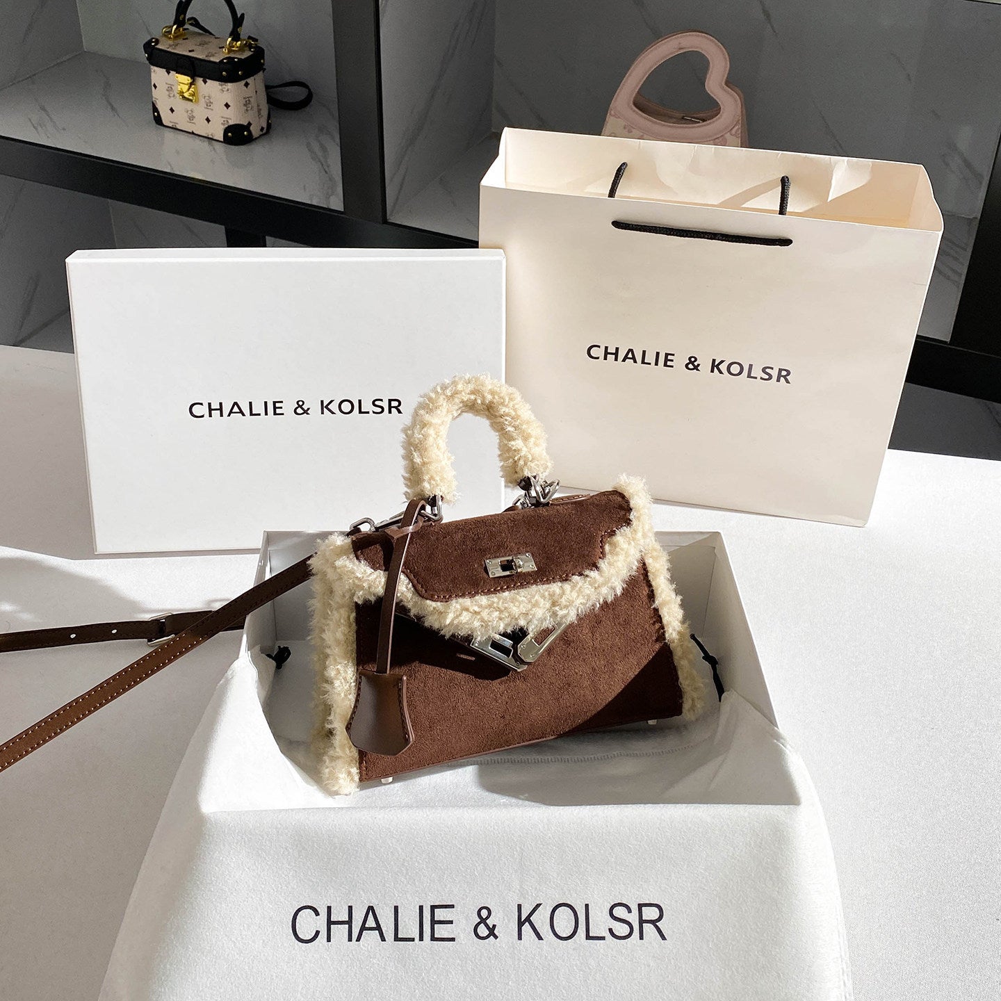 Suede Lambswool Kelly Handbag