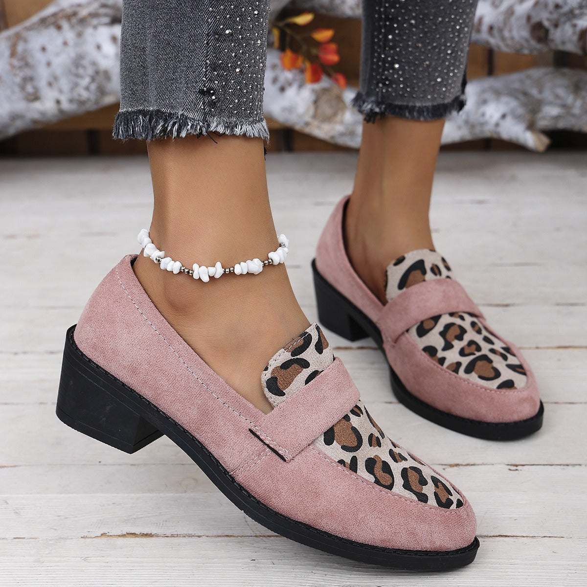 Suede Leopard Print Loafers with Mid Heel