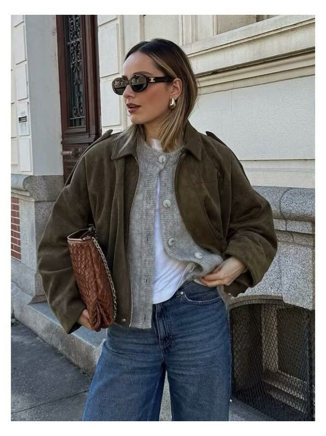 Suede Texture Bomber Jacket