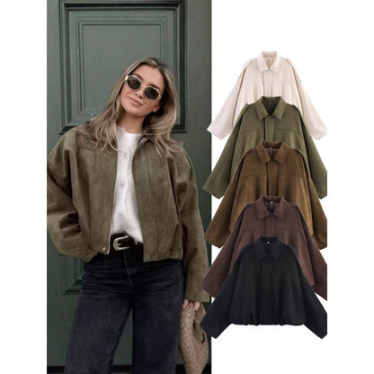 Suede Textured Lapel Bomber Jacket