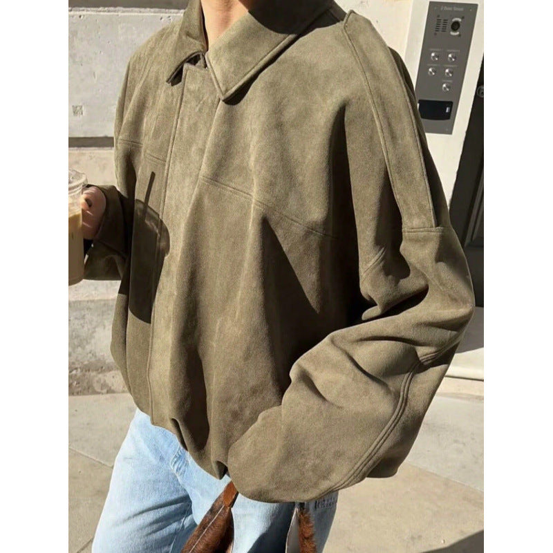 Suede Textured Lapel Bomber Jacket