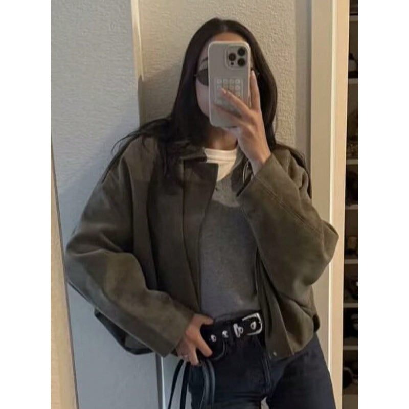 Suede Textured Lapel Bomber Jacket