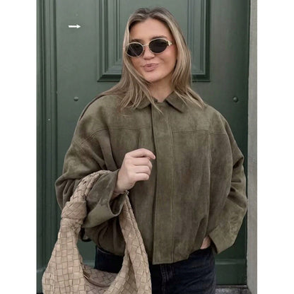 Suede Textured Lapel Bomber Jacket