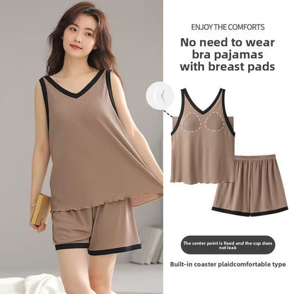 Summer Cool Ice Silk Pajamas Set with Built-in Padding