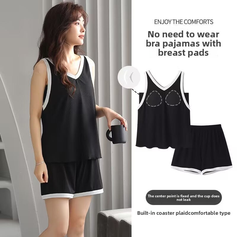 Summer Cool Ice Silk Pajamas Set with Built-in Padding
