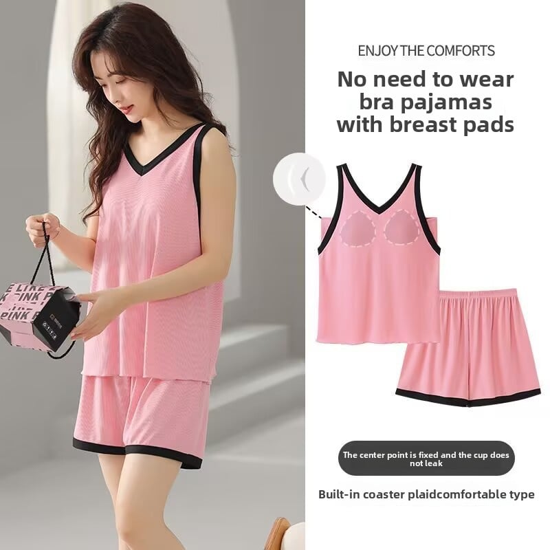 Summer Cool Ice Silk Pajamas Set with Built-in Padding