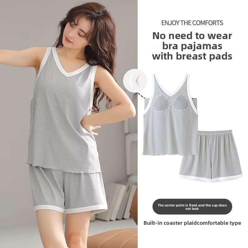Summer Cool Ice Silk Pajamas Set with Built-in Padding