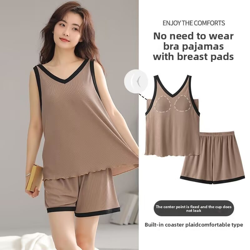 Summer Cool Ice Silk Pajamas Set with Built-in Padding