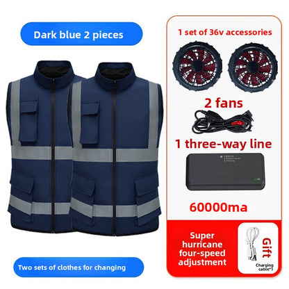Summer Cooling Vest with Fan Reflective Strip Multi-Pocket Breathable Vest