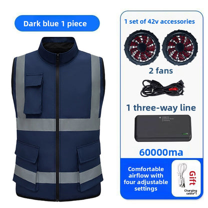 Summer Cooling Vest with Fan Reflective Strip Multi-Pocket Breathable Vest