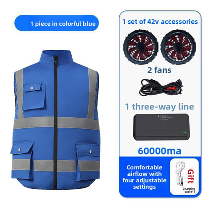 Summer Cooling Vest with Fan Reflective Strip Multi-Pocket Breathable Vest