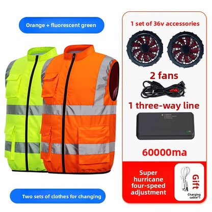 Summer Cooling Vest with Fan Reflective Strip Multi-Pocket Breathable Vest