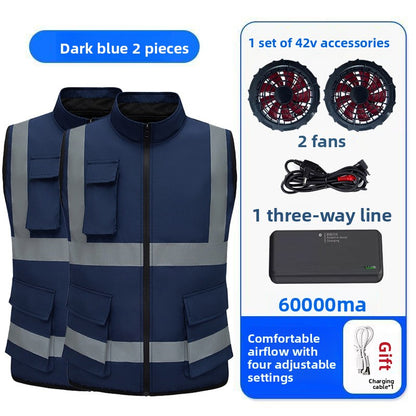 Summer Cooling Vest with Fan Reflective Strip Multi-Pocket Breathable Vest
