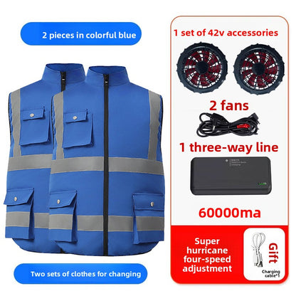 Summer Cooling Vest with Fan Reflective Strip Multi-Pocket Breathable Vest