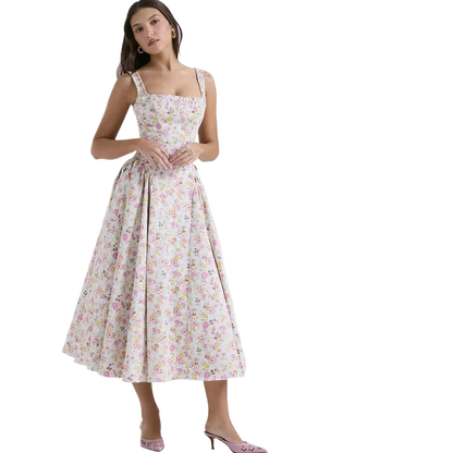 Summer Floral Bohemian Style Waist Slimming Look Backless Holiday Style Suspender Mid-Length Dress