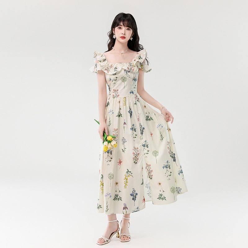 Summer Floral Print Chiffon Dress with Square Collar