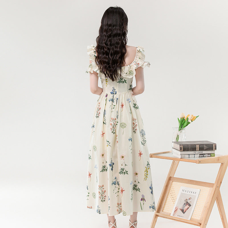 Summer Floral Print Chiffon Dress with Square Collar