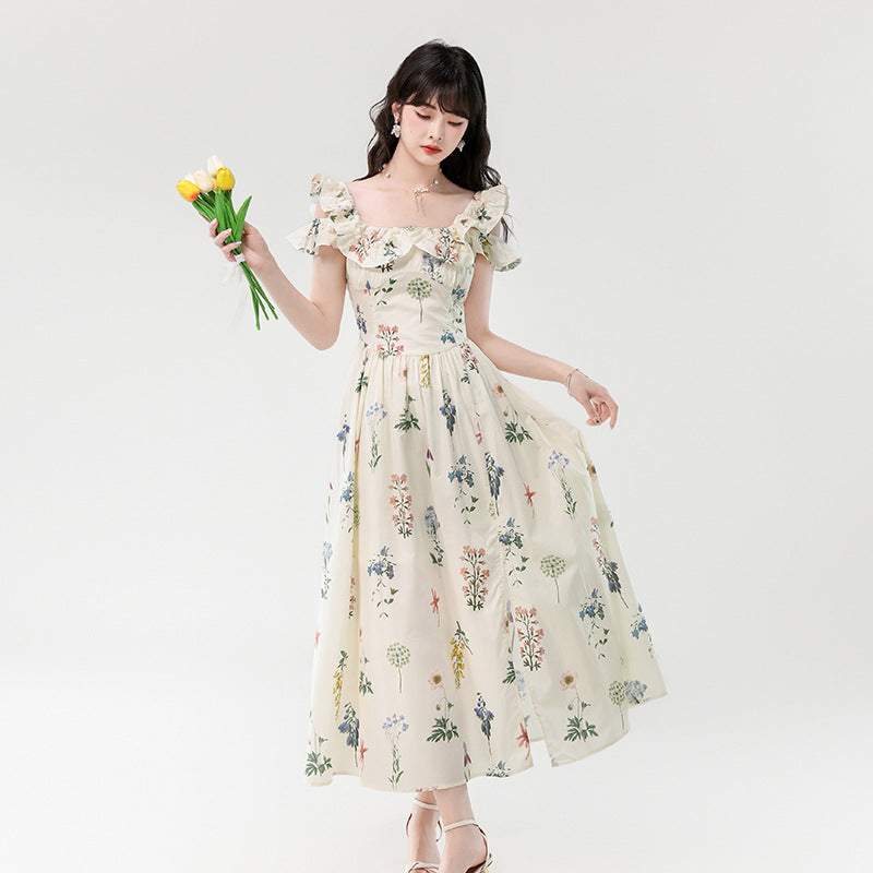 Summer Floral Print Chiffon Dress with Square Collar
