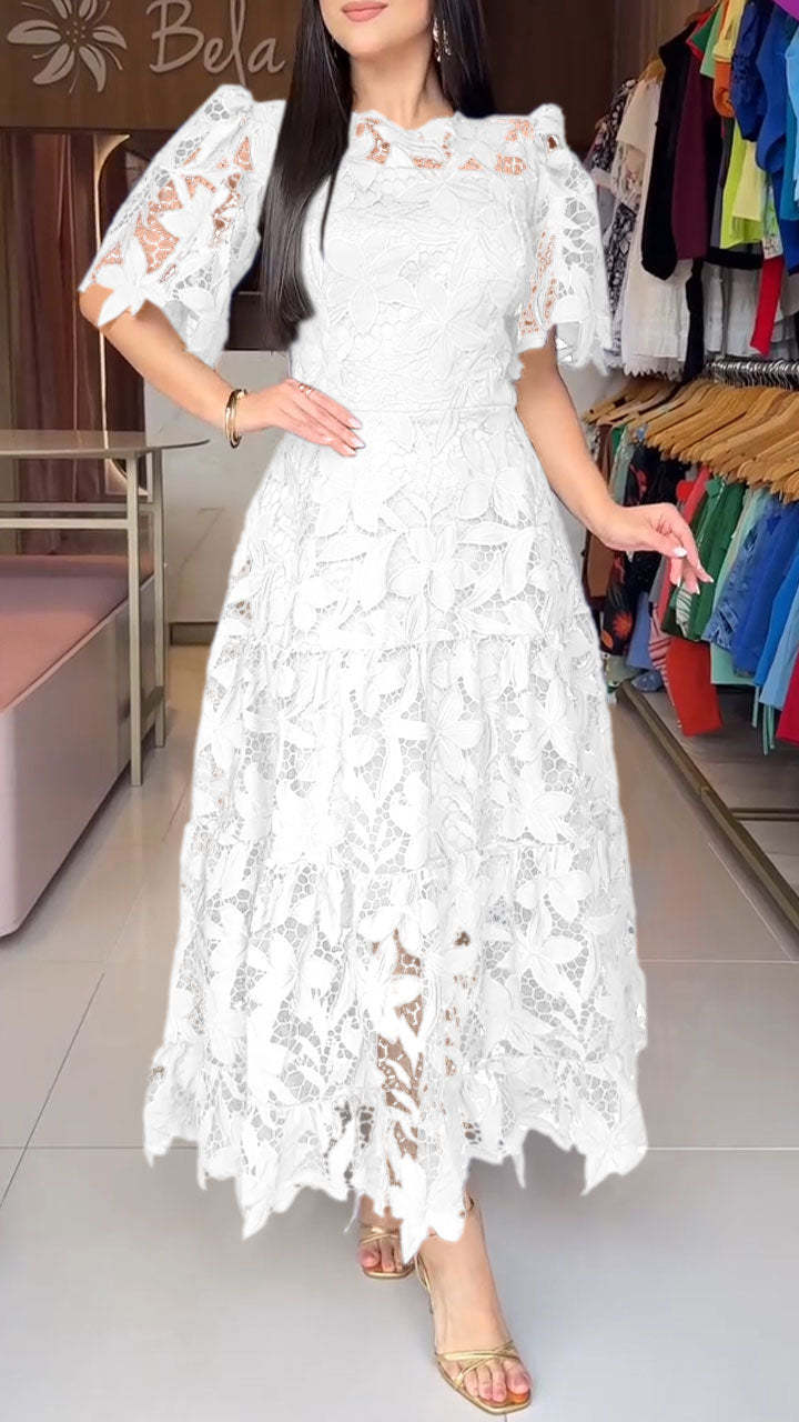 Summer Lace Hollow Out Round Neck Mid Waist Dress